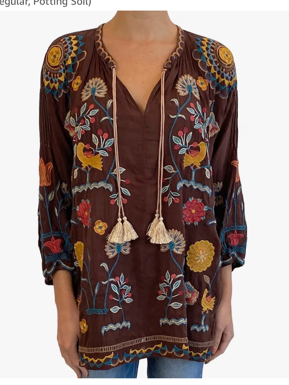 Johnny Was Mayson Embroidered Tunic with Multi-Color Floral & Bird Motif M